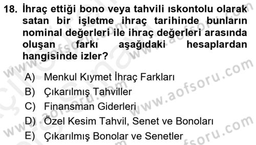 Envanter ve Bilanço Dersi 2017 - 2018 Yılı 3 Ders Sınavı 18. Soru