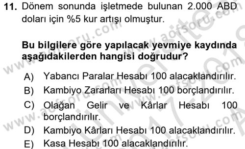 Envanter ve Bilanço Dersi 2017 - 2018 Yılı (Vize) Ara Sınavı 11. Soru