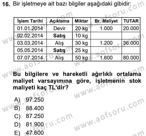 Envanter ve Bilanço Dersi 2017 - 2018 Yılı (Vize) Ara Sınavı 16. Soru