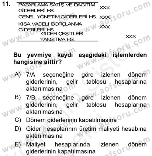 Envanter ve Bilanço Dersi 2017 - 2018 Yılı (Final) Dönem Sonu Sınavı 11. Soru