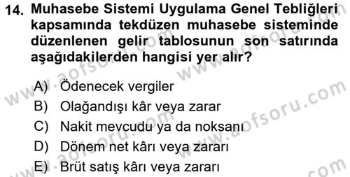 Envanter ve Bilanço Dersi 2017 - 2018 Yılı (Final) Dönem Sonu Sınavı 14. Soru