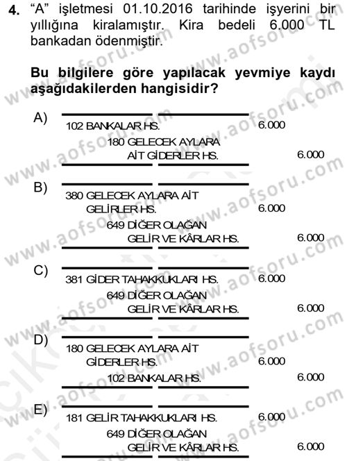 Envanter ve Bilanço Dersi 2017 - 2018 Yılı (Final) Dönem Sonu Sınavı 4. Soru