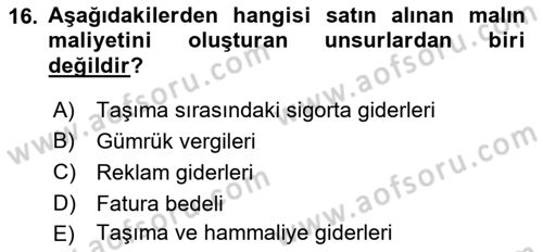 Envanter ve Bilanço Dersi 2018 - 2019 Yılı 3 Ders Sınavı 16. Soru