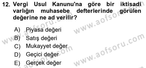 Envanter ve Bilanço Dersi 2018 - 2019 Yılı (Vize) Ara Sınavı 12. Soru