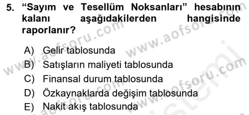 Envanter ve Bilanço Dersi 2018 - 2019 Yılı (Vize) Ara Sınavı 5. Soru