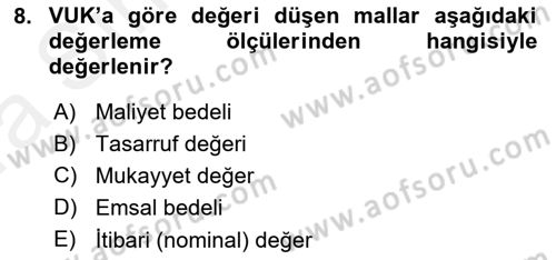 Envanter ve Bilanço Dersi 2018 - 2019 Yılı (Vize) Ara Sınavı 8. Soru