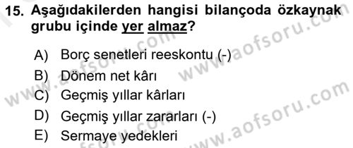 Envanter ve Bilanço Dersi 2018 - 2019 Yılı (Final) Dönem Sonu Sınavı 15. Soru