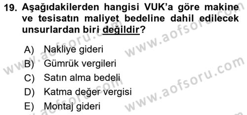 Envanter ve Bilanço Dersi 2018 - 2019 Yılı (Final) Dönem Sonu Sınavı 19. Soru