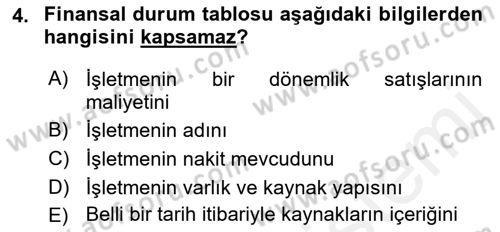 Envanter ve Bilanço Dersi 2018 - 2019 Yılı (Final) Dönem Sonu Sınavı 4. Soru