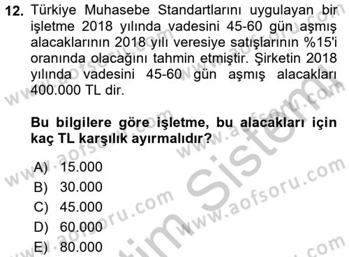 Envanter ve Bilanço Dersi 2018 - 2019 Yılı Yaz Okulu Sınavı 12. Soru