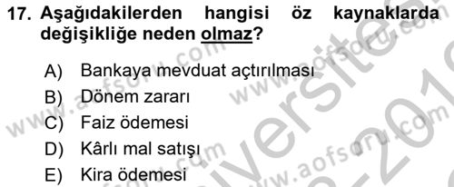 Envanter ve Bilanço Dersi 2018 - 2019 Yılı Yaz Okulu Sınavı 17. Soru