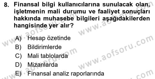 Envanter ve Bilanço Dersi 2018 - 2019 Yılı Yaz Okulu Sınavı 8. Soru