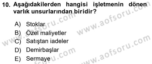 Envanter ve Bilanço Dersi Ara Sınavı Deneme Sınav Soruları 10. Soru