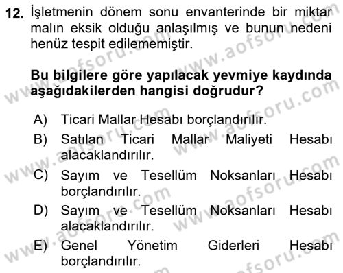 Envanter ve Bilanço Dersi 2019 - 2020 Yılı (Vize) Ara Sınav Soruları 12. Soru