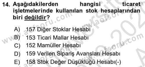 Envanter ve Bilanço Dersi 2019 - 2020 Yılı (Vize) Ara Sınav Soruları 14. Soru
