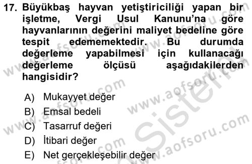 Envanter ve Bilanço Dersi Ara Sınavı Deneme Sınav Soruları 17. Soru