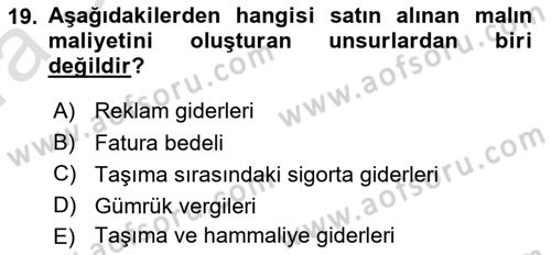 Envanter ve Bilanço Dersi Ara Sınavı Deneme Sınav Soruları 19. Soru