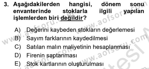 Envanter ve Bilanço Dersi Ara Sınavı Deneme Sınav Soruları 3. Soru