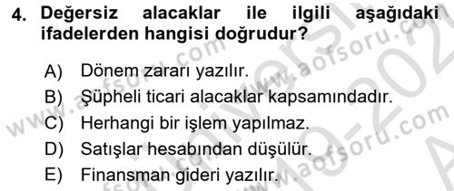 Envanter ve Bilanço Dersi Ara Sınavı Deneme Sınav Soruları 4. Soru