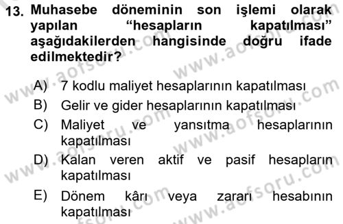 Envanter ve Bilanço Dersi 2019 - 2020 Yılı (Final) Dönem Sonu Sınav Soruları 13. Soru
