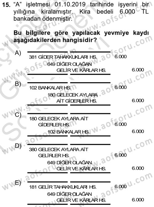 Envanter ve Bilanço Dersi 2019 - 2020 Yılı (Final) Dönem Sonu Sınav Soruları 15. Soru