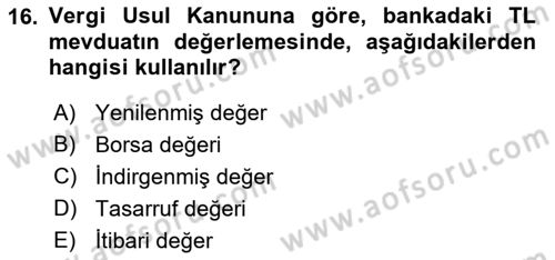 Envanter ve Bilanço Dersi 2019 - 2020 Yılı (Final) Dönem Sonu Sınav Soruları 16. Soru