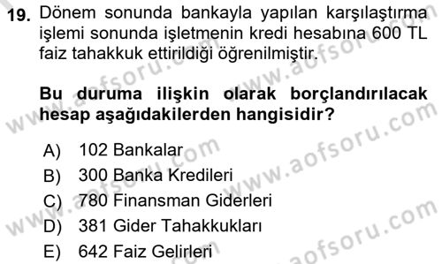 Envanter ve Bilanço Dersi 2019 - 2020 Yılı (Final) Dönem Sonu Sınav Soruları 19. Soru