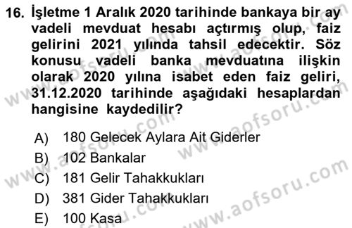 Envanter ve Bilanço Dersi 2021 - 2022 Yılı (Vize) Ara Sınavı 16. Soru