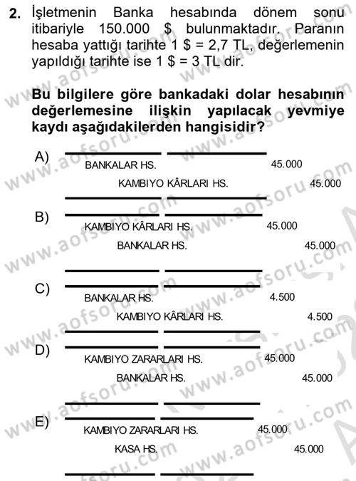 Envanter ve Bilanço Dersi 2021 - 2022 Yılı (Vize) Ara Sınavı 2. Soru