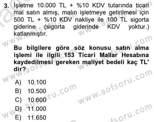 Envanter ve Bilanço Dersi 2021 - 2022 Yılı (Vize) Ara Sınavı 3. Soru