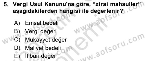 Envanter ve Bilanço Dersi 2021 - 2022 Yılı (Vize) Ara Sınavı 5. Soru