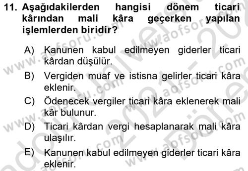Envanter ve Bilanço Dersi 2021 - 2022 Yılı (Final) Dönem Sonu Sınav Soruları 11. Soru