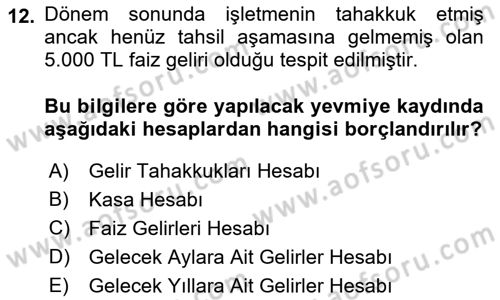 Envanter ve Bilanço Dersi 2021 - 2022 Yılı (Final) Dönem Sonu Sınav Soruları 12. Soru