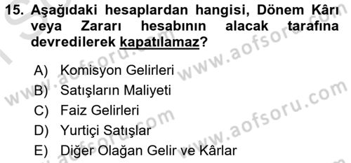 Envanter ve Bilanço Dersi 2021 - 2022 Yılı (Final) Dönem Sonu Sınav Soruları 15. Soru
