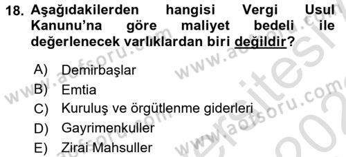 Envanter ve Bilanço Dersi 2021 - 2022 Yılı (Final) Dönem Sonu Sınav Soruları 18. Soru
