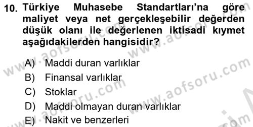 Envanter ve Bilanço Dersi Ara Sınavı Deneme Sınav Soruları 10. Soru