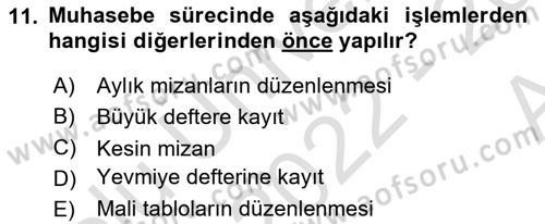 Envanter ve Bilanço Dersi Ara Sınavı Deneme Sınav Soruları 11. Soru