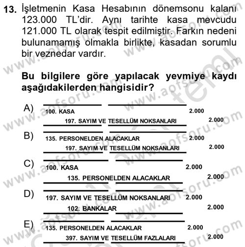 Envanter ve Bilanço Dersi 2022 - 2023 Yılı (Vize) Ara Sınav Soruları 13. Soru