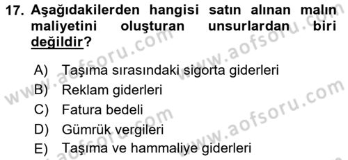 Envanter ve Bilanço Dersi Ara Sınavı Deneme Sınav Soruları 17. Soru