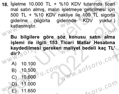 Envanter ve Bilanço Dersi Ara Sınavı Deneme Sınav Soruları 18. Soru