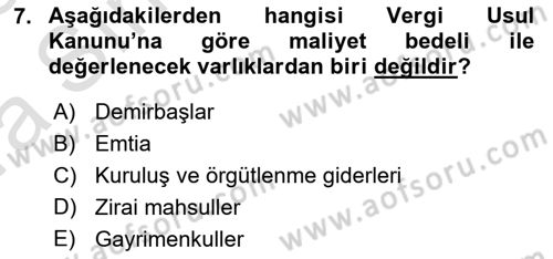 Envanter ve Bilanço Dersi Ara Sınavı Deneme Sınav Soruları 7. Soru