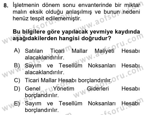 Envanter ve Bilanço Dersi 2022 - 2023 Yılı (Vize) Ara Sınav Soruları 8. Soru