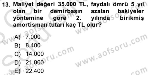 Envanter ve Bilanço Dersi 2022 - 2023 Yılı (Final) Dönem Sonu Sınavı 13. Soru