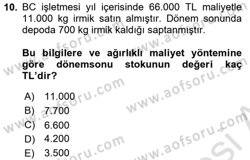 Envanter ve Bilanço Dersi Ara Sınavı Deneme Sınav Soruları 10. Soru