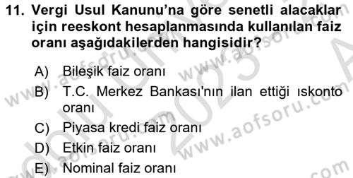Envanter ve Bilanço Dersi Ara Sınavı Deneme Sınav Soruları 11. Soru