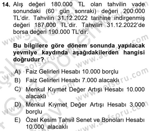 Envanter ve Bilanço Dersi 2023 - 2024 Yılı (Vize) Ara Sınav Soruları 14. Soru