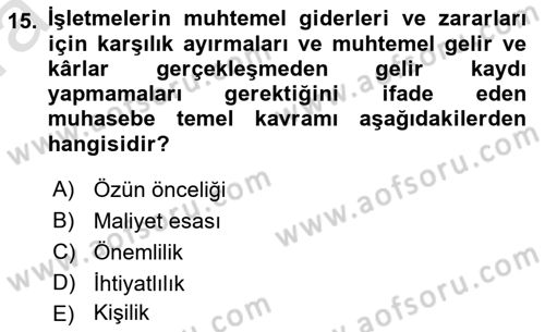 Envanter ve Bilanço Dersi Ara Sınavı Deneme Sınav Soruları 15. Soru