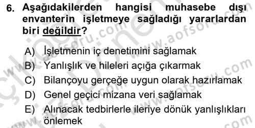Envanter ve Bilanço Dersi Ara Sınavı Deneme Sınav Soruları 6. Soru