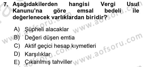 Envanter ve Bilanço Dersi Ara Sınavı Deneme Sınav Soruları 7. Soru