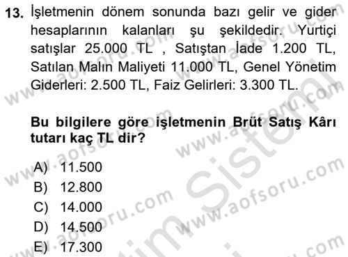 Envanter ve Bilanço Dersi 2023 - 2024 Yılı (Final) Dönem Sonu Sınavı 13. Soru